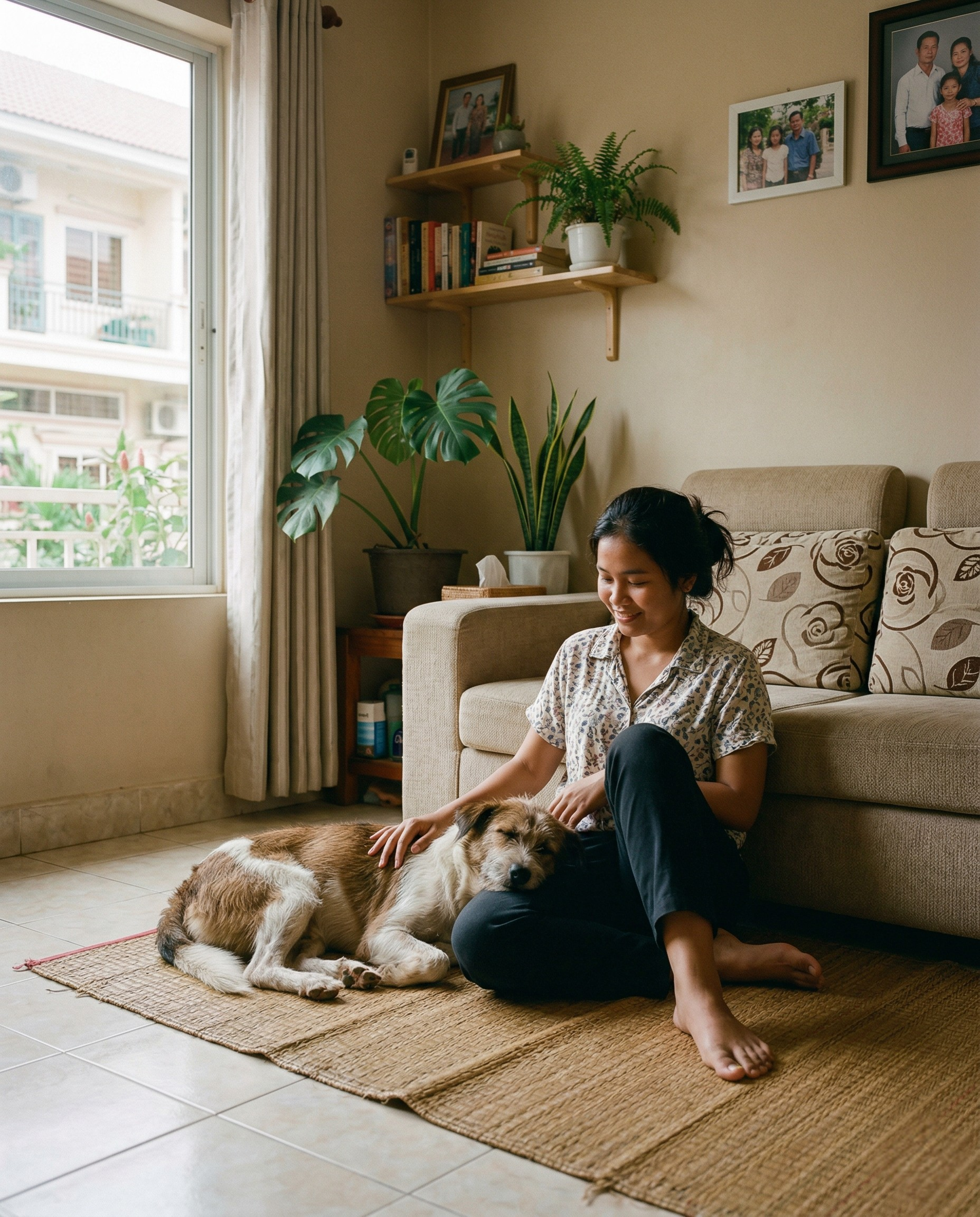 A Cambodian family at home with their adopted dog